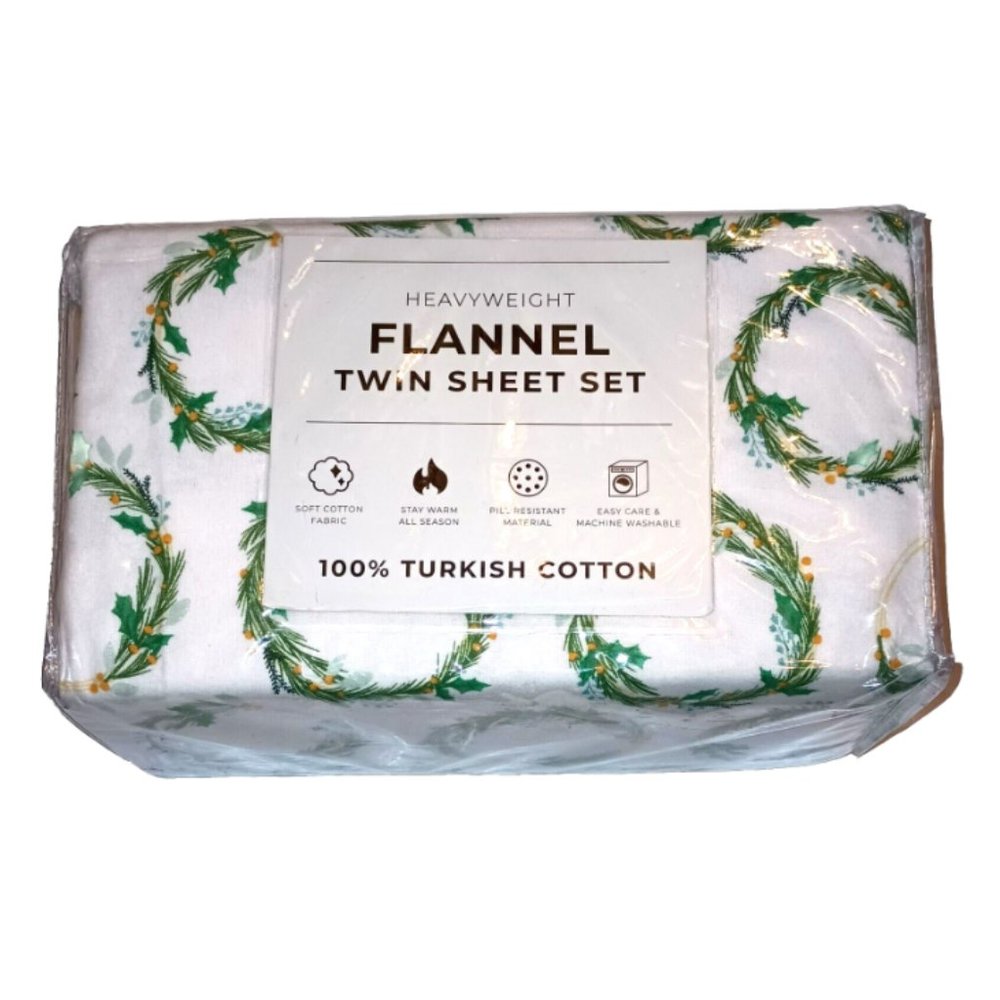 Heavyweight Flannel Twin Sheet Set Christmas Wreath Turkish Cotton Oeko-Tex - Picture 3 of 3